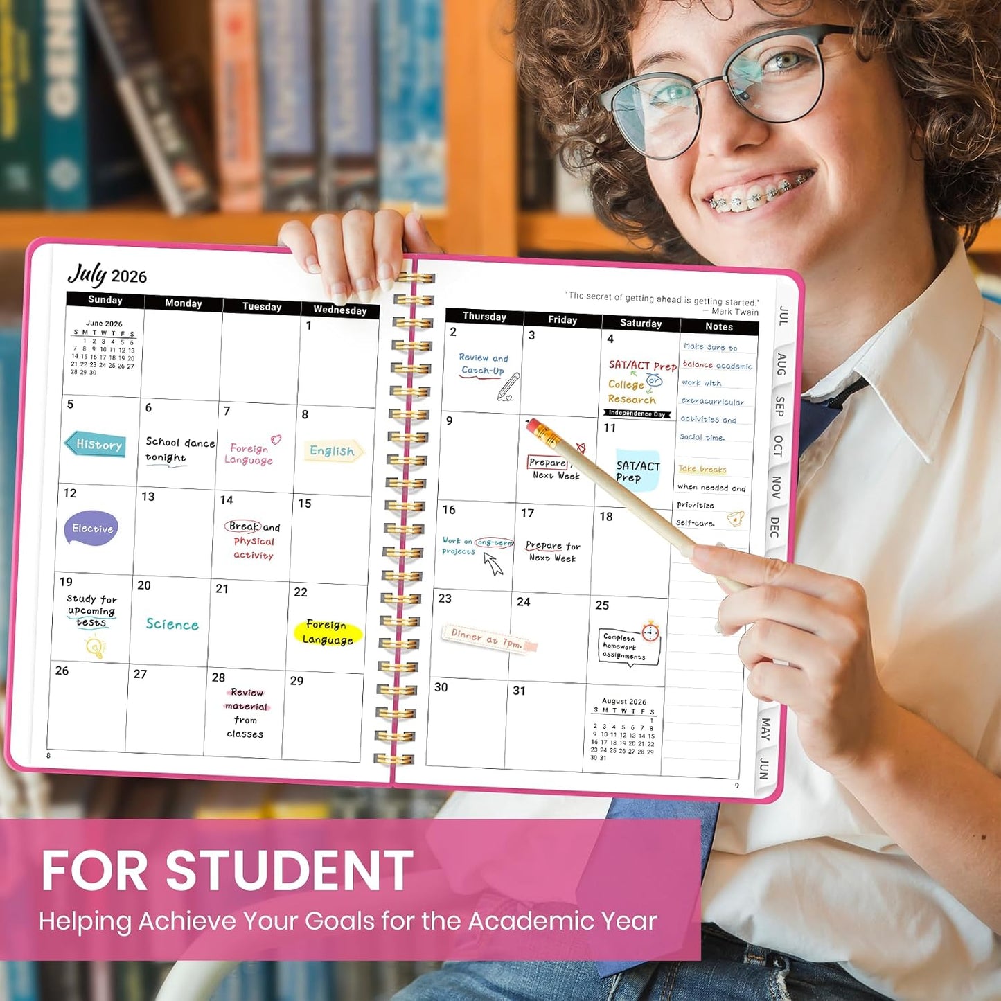 Planner 2026-2027 for Women & Men, Academic Monthly and Weekly Calendar Planner, Jul 2026 - Jun 2027, A5 (6.3" x 8.5"), Teacher Student Planning Book with Tabs, Ideal for Office School Supplies - Pink