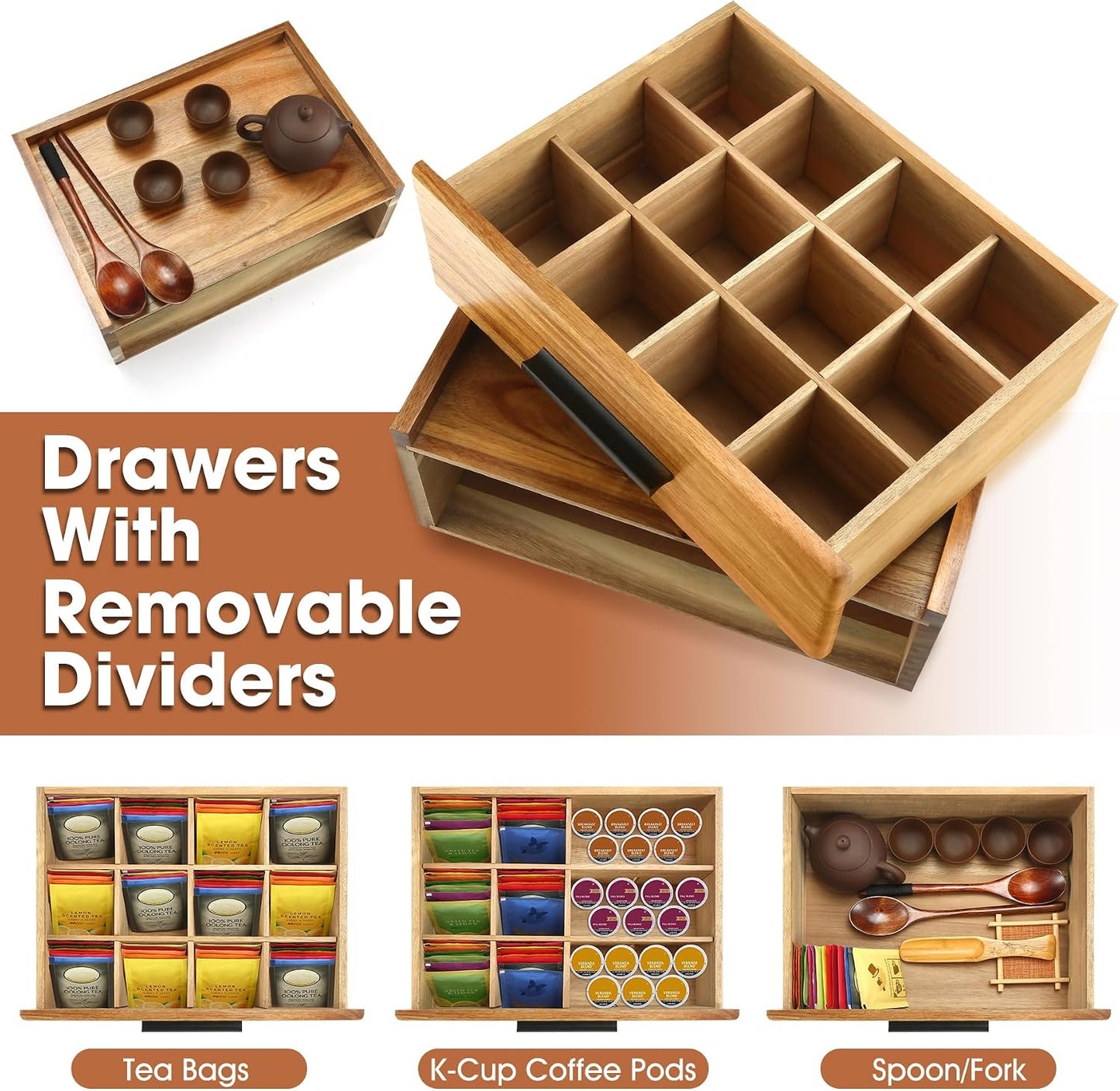 Acacia Wood Tea Bag Organizer with Drawer - 12-Compartment Tea Storage Box