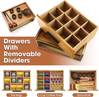 Acacia Wood Tea Bag Organizer with Drawer - 12-Compartment Tea Storage Box