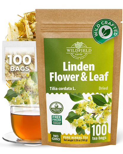 WILDFIELD HERBS 100 Linden Tea Dried Linden Flower Tea Herbal (Tilia cordata) - 100 Count 1.5g Tea Bags Linden Flowers Tea Herb Lipa