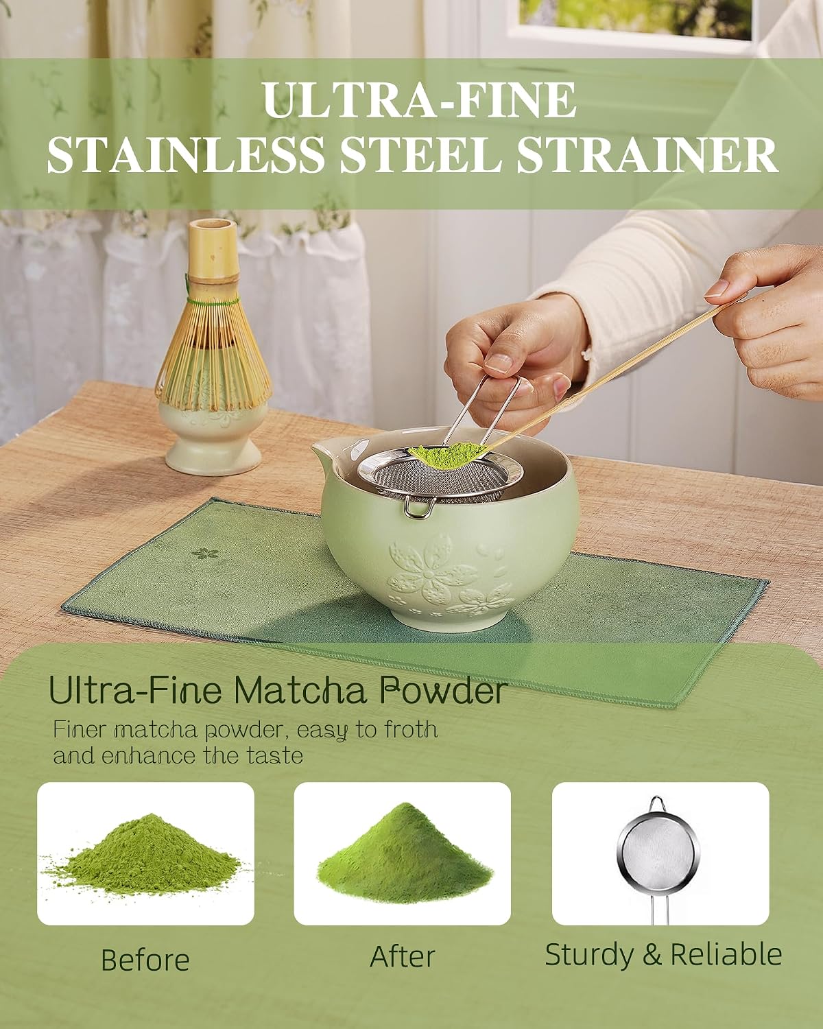 ZENS Matcha Whisk Set, Matcha Kit Set, Matcha Bowl with Spout, Bamboo Whisk & Scoop, Chasen Holder, 304 Sifter & Tea Mat, 6pcs Japaness Matcha Kit for Matcha Lovers, Birthday Gift, Pale Green
