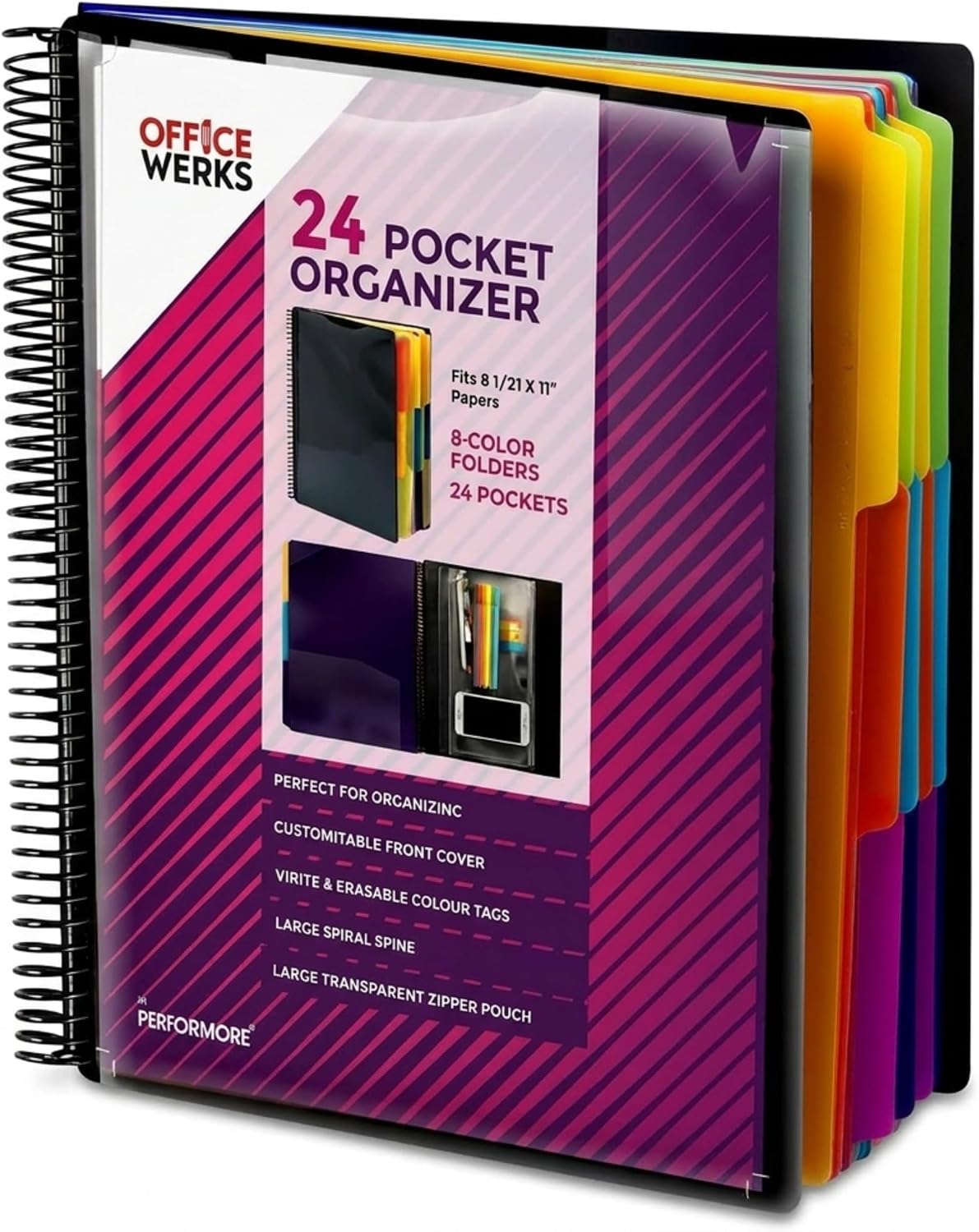24 Pocket Spiral Project Organizer, File Folder with 12 Dividers, Letter