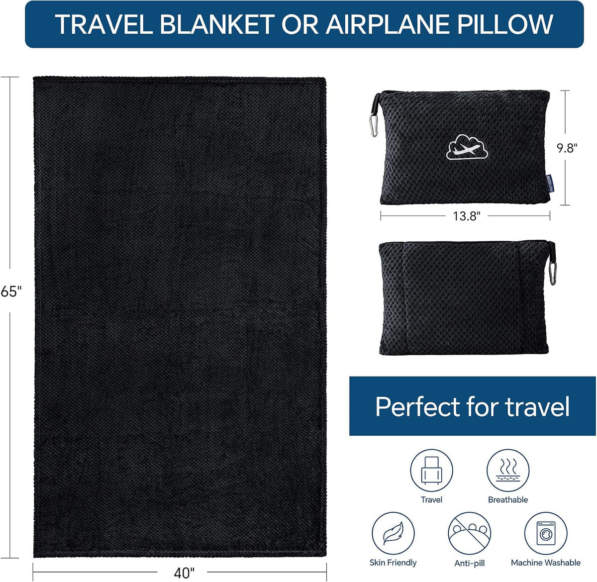 BEDELITE Travel Blanket with Bag, Jacquard Fleece Blanket 65"x40", Blue