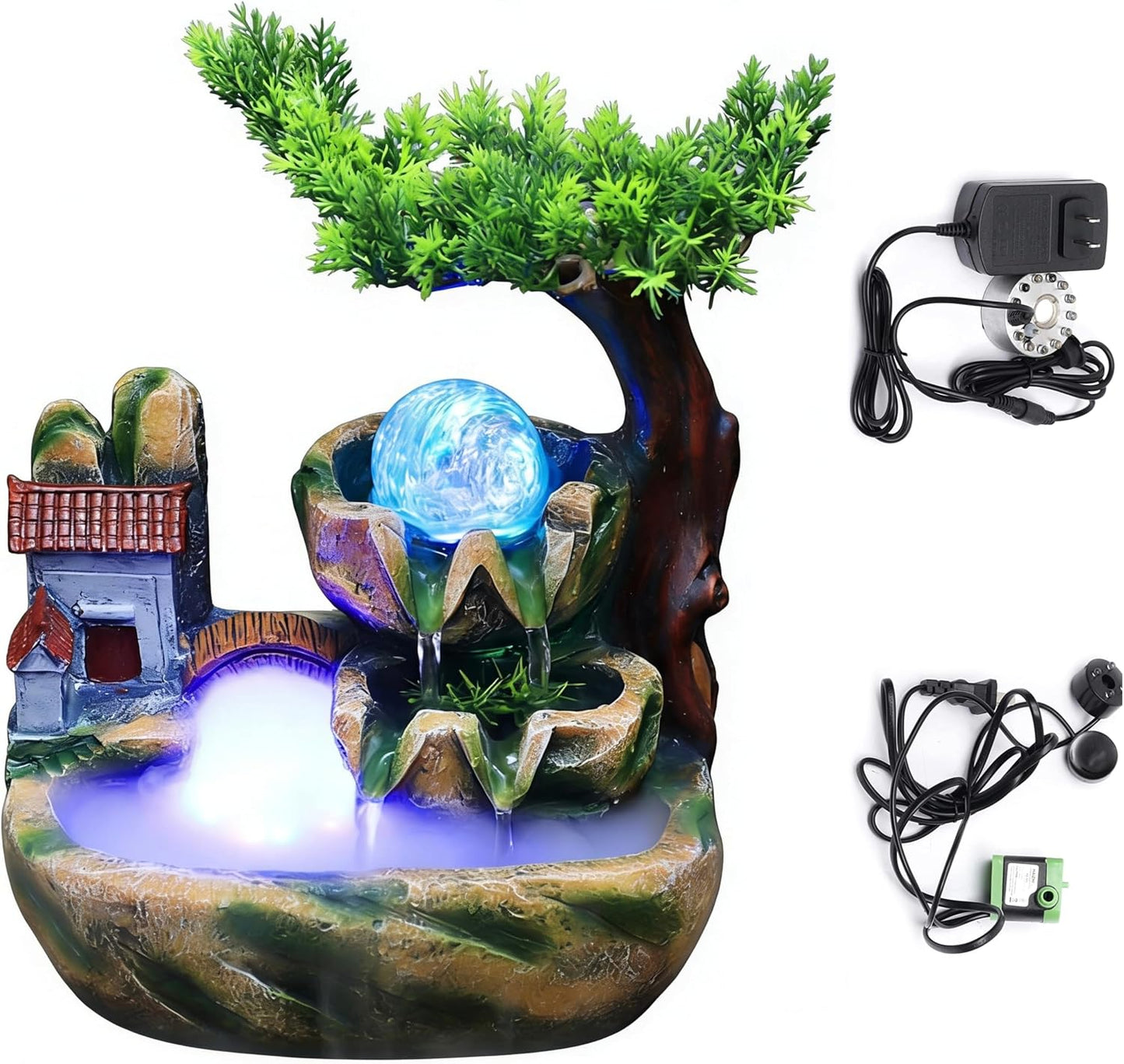 Mini Artificial Bonsai Tree Waterfall Fog Feature Rock Tabletop Fountain | 11in Desktop Decor Waterfall Fountain W/ Water Pump& Atomizer&LED Lights &Fake Tree Office Bedroom Relax
