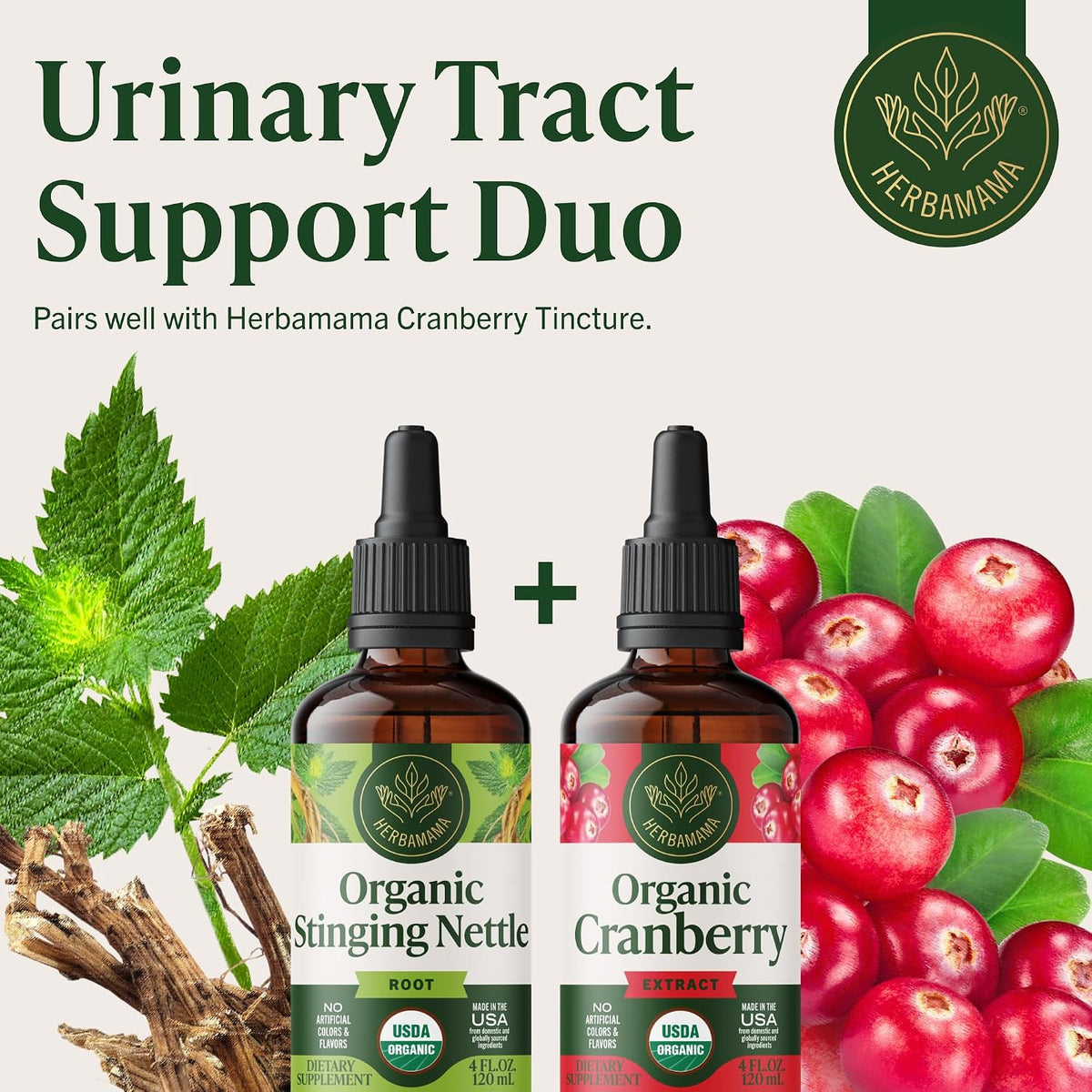 HERBAMAMA USDA Organic Stinging Nettle Root - Urinary Tract Support - 4 oz