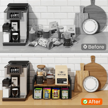 Homode Wood Tea Bag Organizer, Teabag Holder with Drawer, Tea Organizers and Storage Box, 8 Compartments Tea Caddy Station Chests Display Container for Counter Kitchen, Black