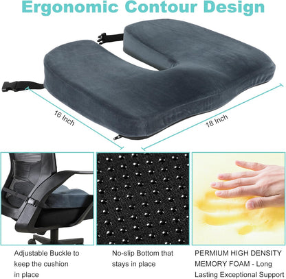 Tailbone Pain Relief Office Chair Cushion 10-Inch Extended U-Cutout,Large-18"x16"x3",Coccyx,Sciatica Pain Relief Memory Foam Wheelchair Car Seat Cushion,But Pillow Pad for Pressure Relief, Blue Grey