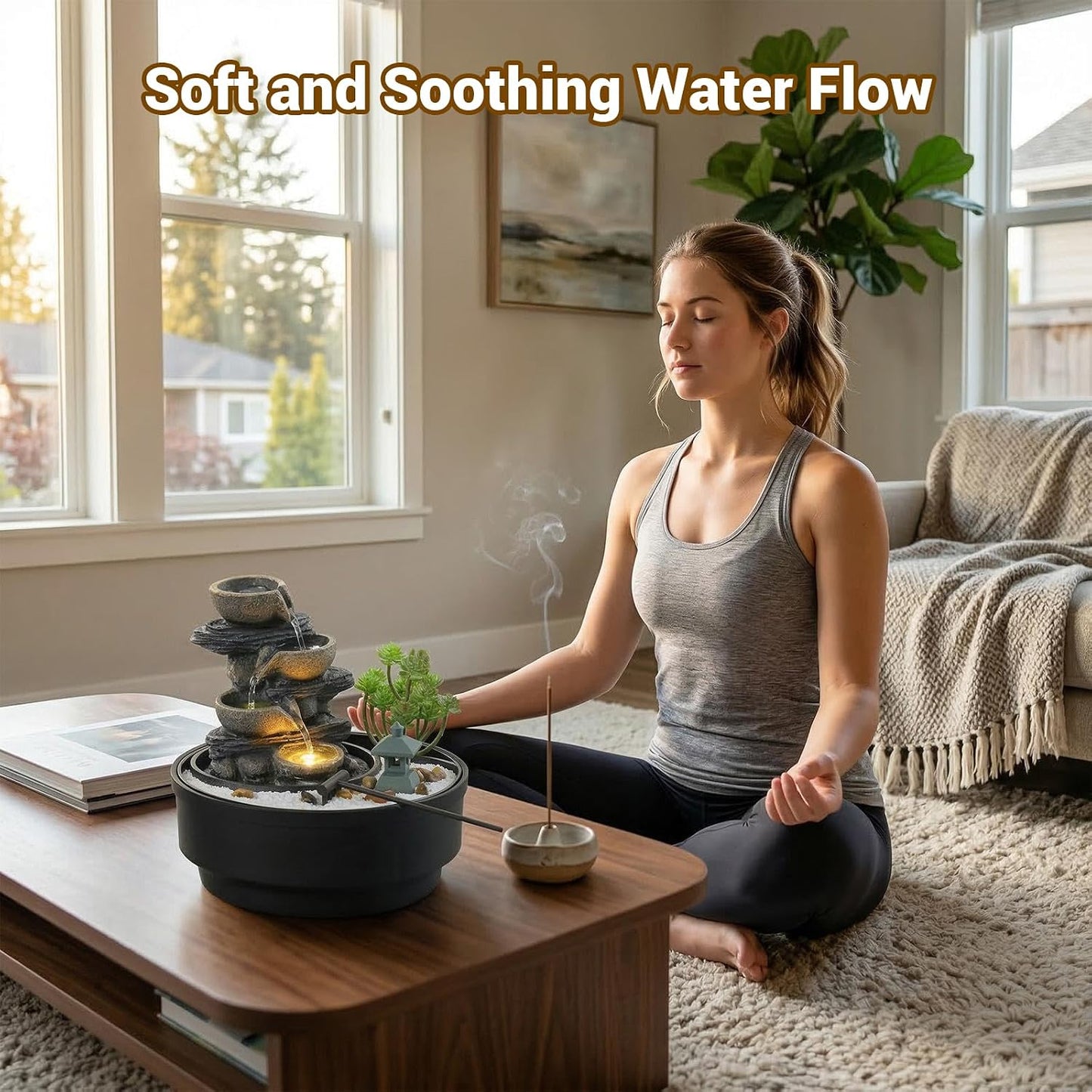 Sunlinua Natural Rocks Tabletop Water Fountain Indoor Water Fountains with 4-Tier Soothing Sound Desktop Waterfall with DIY Decoration for Meditation Desk Home Office Decor(Indoor Electrical Plug)
