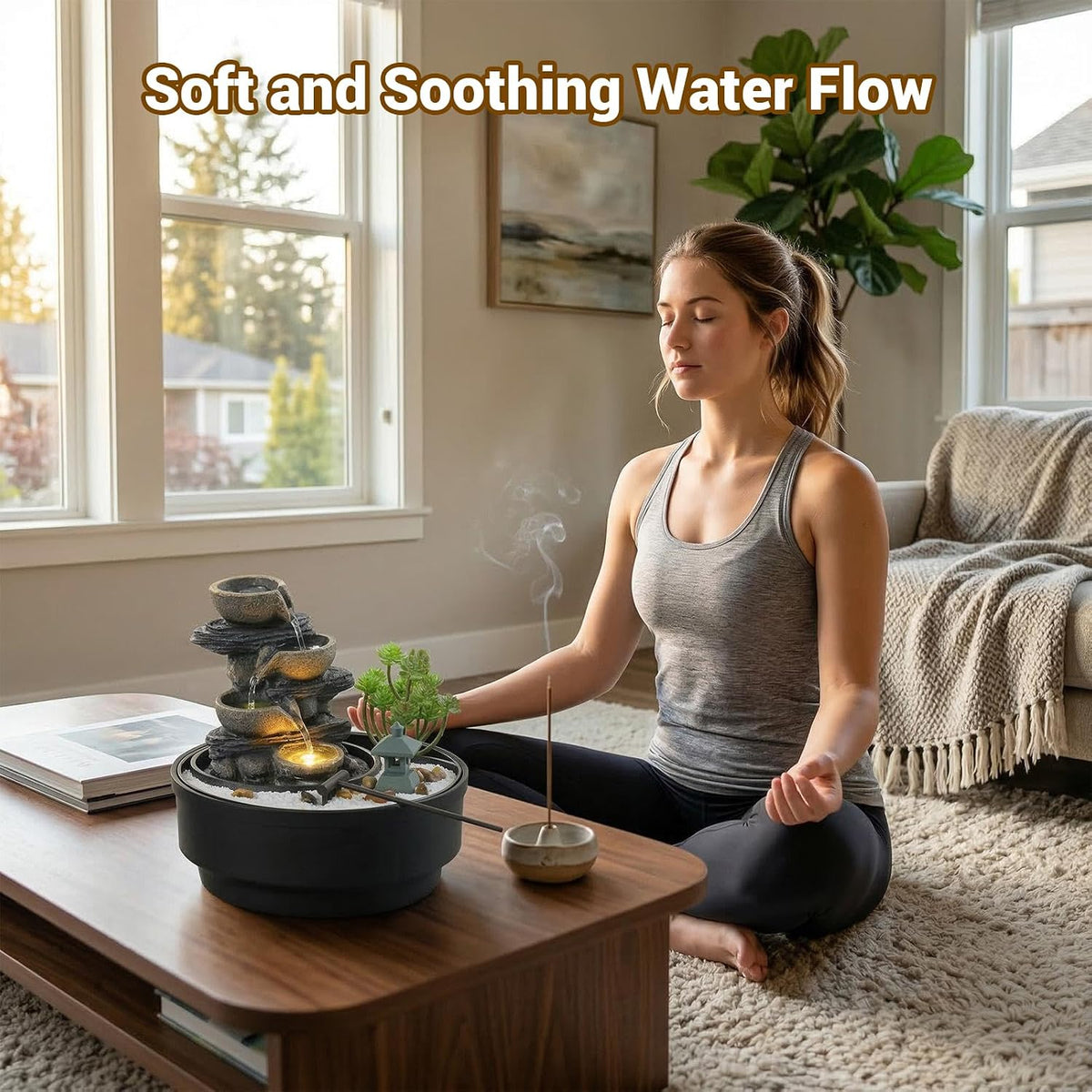 Sunlinua Natural Rocks Tabletop Water Fountain Indoor Water Fountains with 4-Tier Soothing Sound Desktop Waterfall with DIY Decoration for Meditation Desk Home Office Decor(Indoor Electrical Plug)
