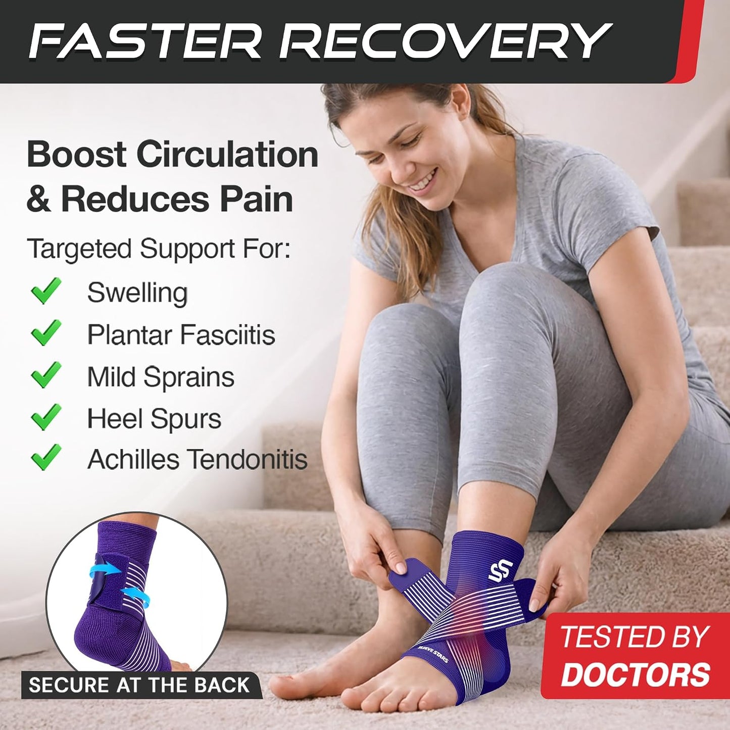 Sleeve Stars Ankle Brace for Women & Men, Ankle Wrap for Sprain, Compression Sleeve for Plantar Fasciitis Relief, Easy Customizable Support: w/ Removable Strap (Single/M:10"-12"/Black)