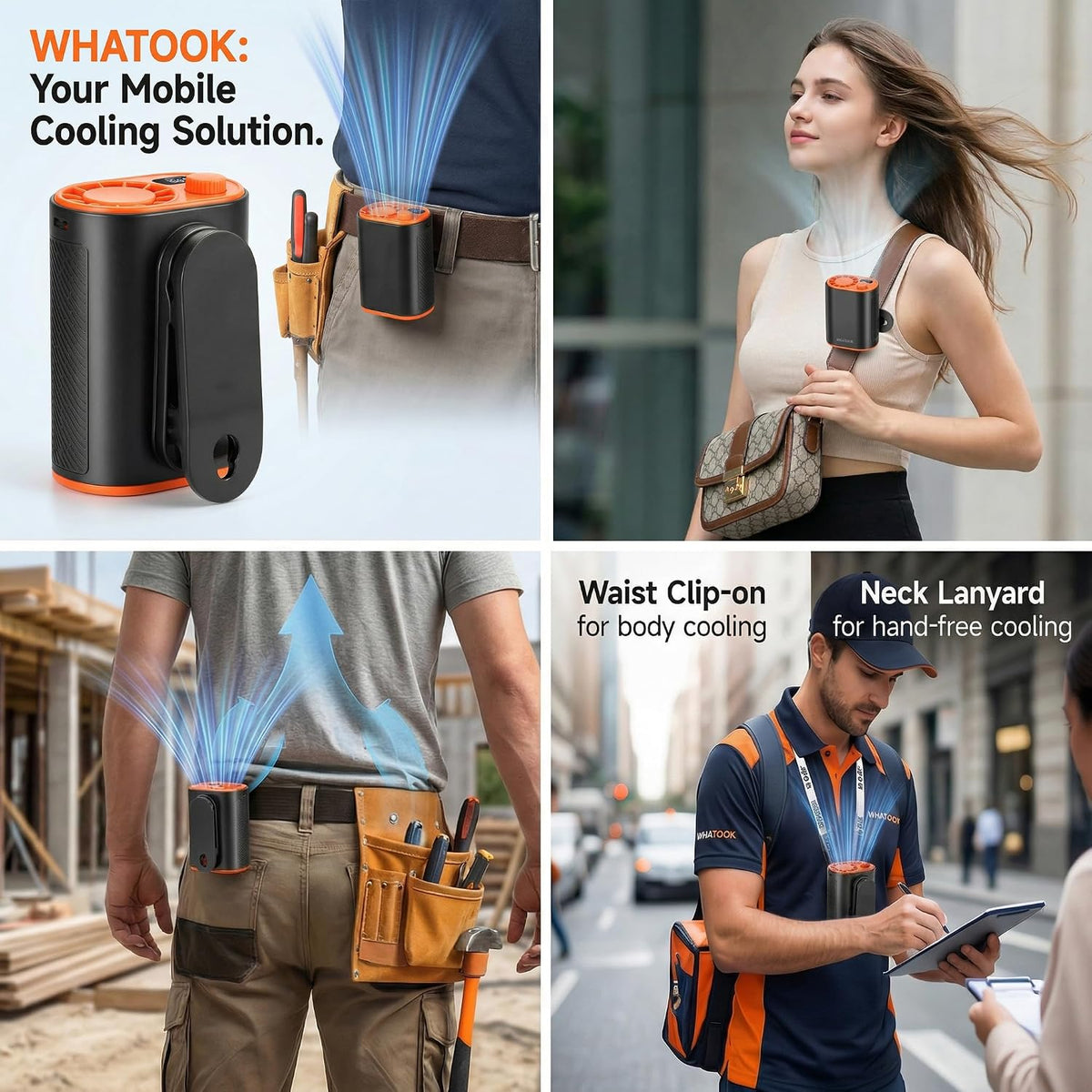 WHATOOK Waist Clip on Fan: 4000mAh Battery 15 Hours, 10m/s Cool Wind, Portable Rechargeable Wearable Personal Body Cooling Neck Fan, Handheld Cooler for Camping Travel Essentials (Black)