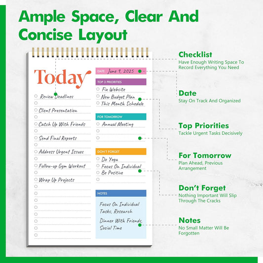 2 To Do List Notepads, Daily Planner Notebook with Tear-off Design, Undated Writing Organizer for Daily Tasks and Goal, Coiled Task Track Checklist Productivity Pad for Office, Classroom, Home, School