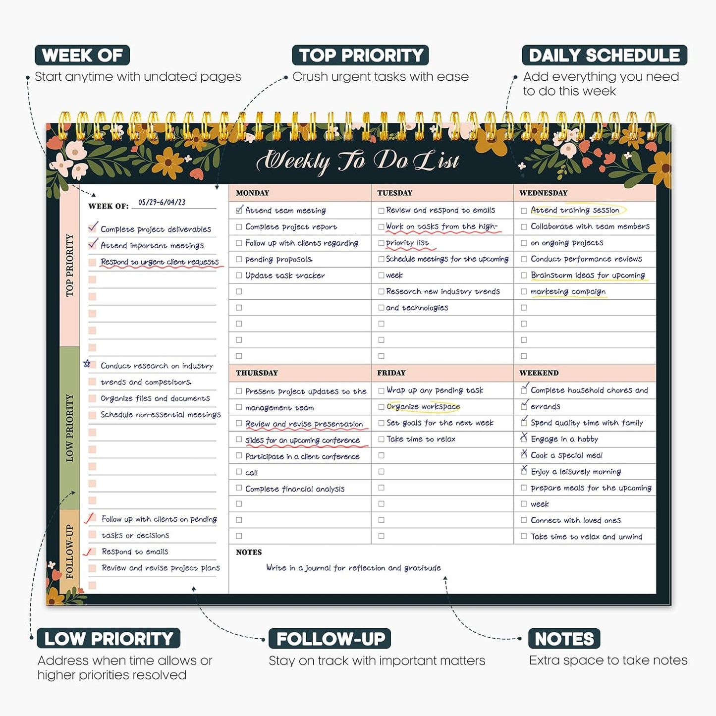 Taja Weekly To Do List Notepad with 52 Undated Sheets（8.5"×11"）- Weekly Desk Planner for Women & Man, Work and Home -1 Pack Violet Dream