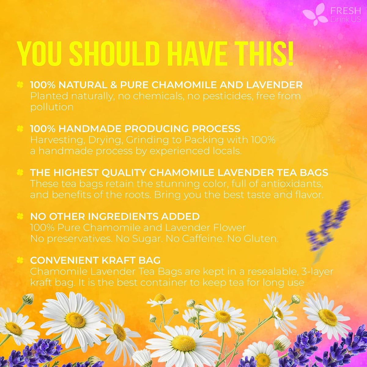 FreshDrinkUS, Premium Chamomile Lavender Tea, 60 Count, Caffeine Free