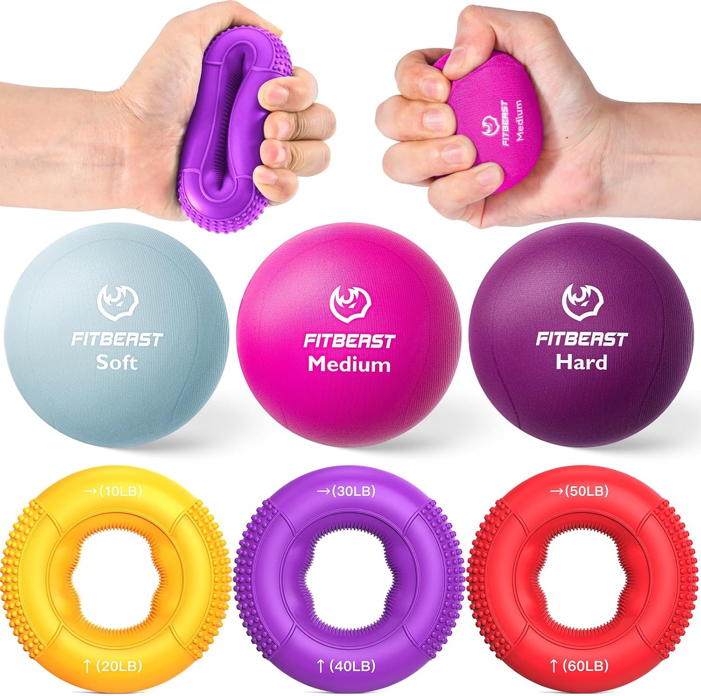 FitBeast Grip Strength Trainer, Finger Exerciser, Stress Balls for Adults 6-Piece Set, Hand Therapy for Strength, Recovery & Stress Relief, Forearm Strengthener for Men, Women & Seniors