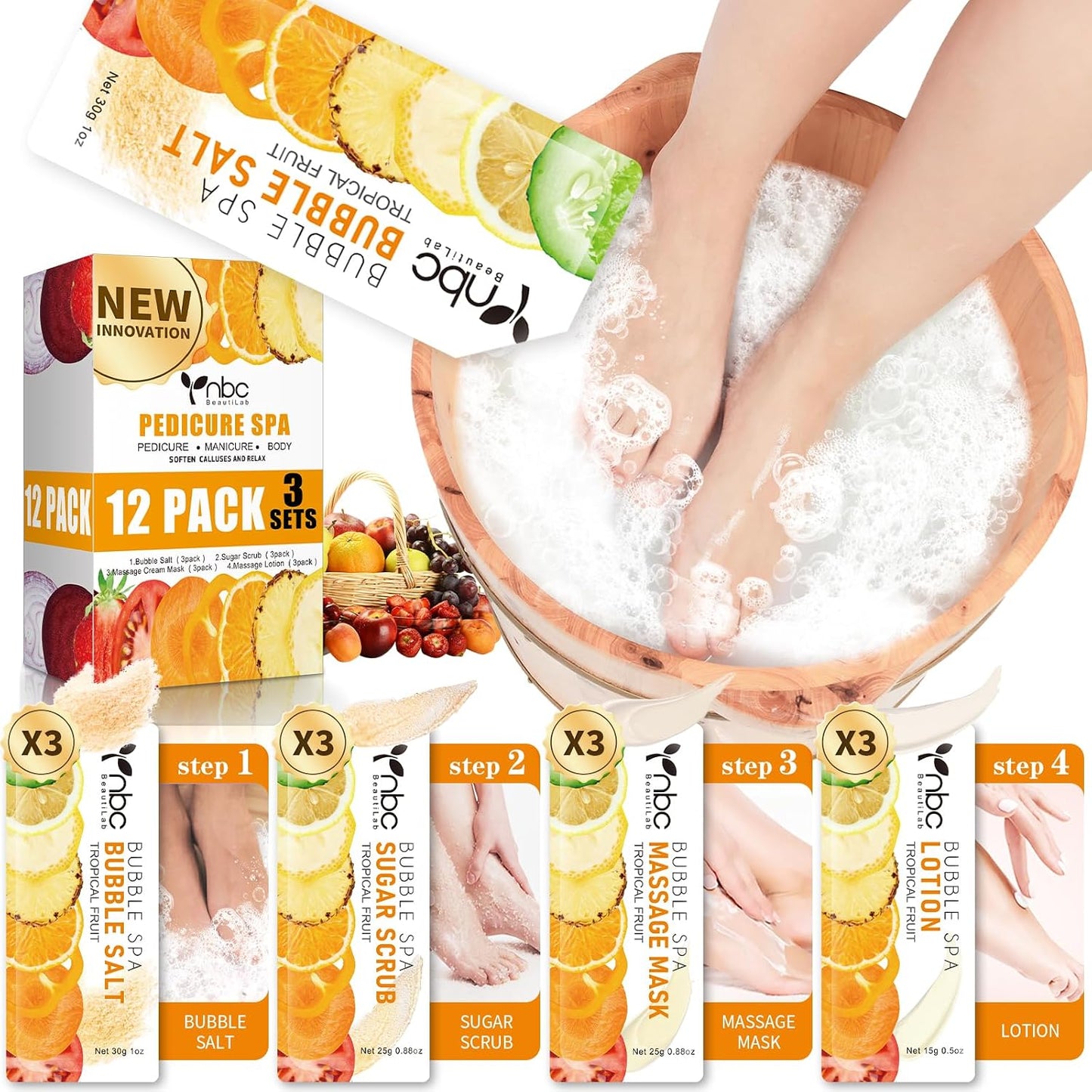 Pedicure Kit Foot Soak Set: Bubble Salt, Sugar Scrub, Massage Mask, Massage Lotion in a Box, 4 Step Foot Spa Kit for Dry Feet, Softens Calluses, Tired Feet（3 Set Lavender) - Colors A