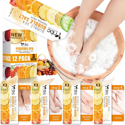 Pedicure Kit Foot Soak Set: Bubble Salt, Sugar Scrub, Massage Mask, Massage Lotion in a Box, 4 Step Foot Spa Kit for Dry Feet, Softens Calluses, Tired Feet（3 Set Lavender) - Colors A