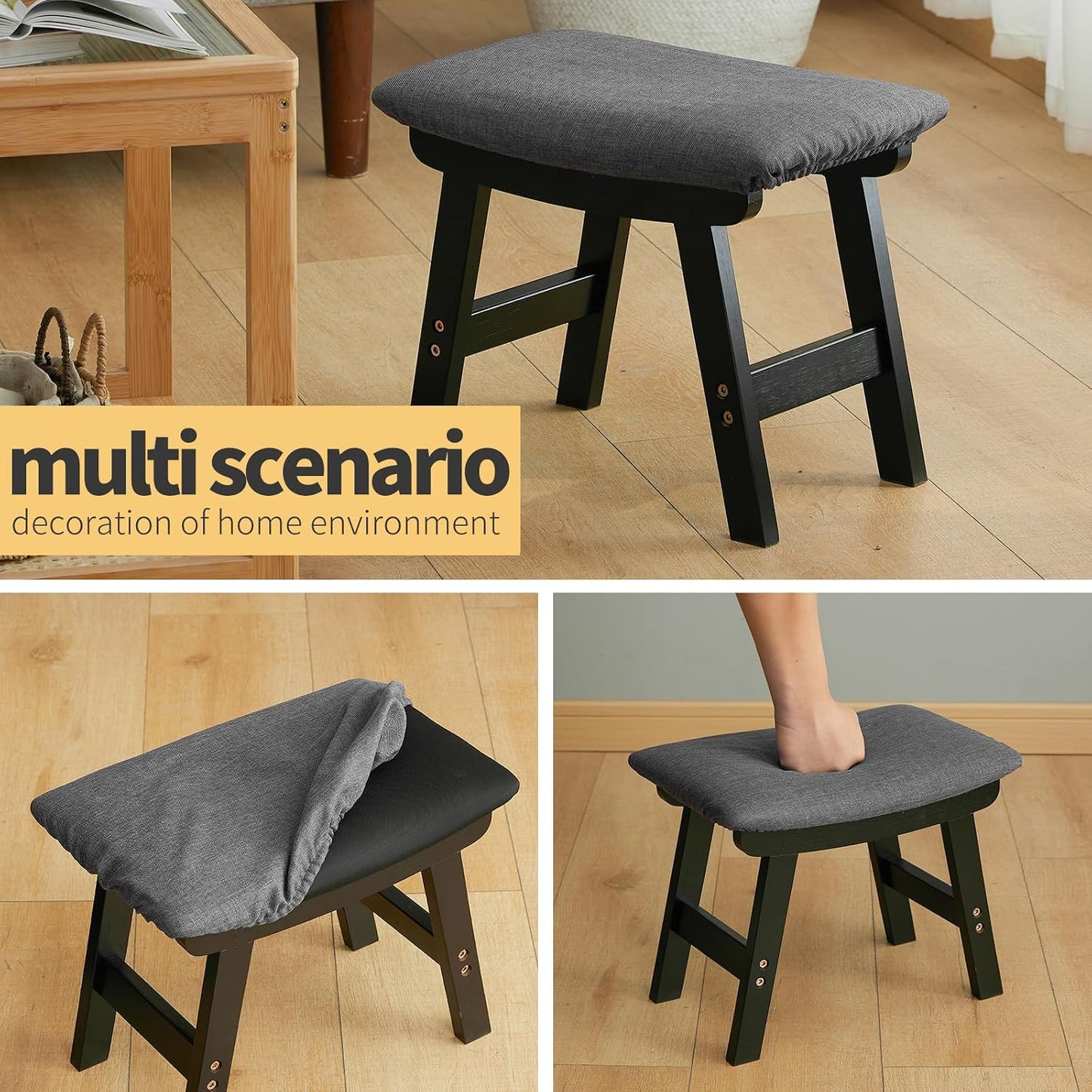 Foot Stool Ottoman Foot Rest Under Desk,Small Stool for Living Room, Bedroom and Kitchen (Brown Legs - Beige Stool Surface)