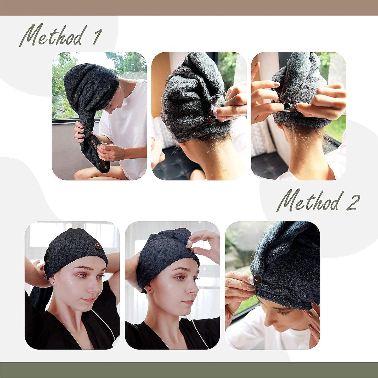 myHomeBody Hair Towel Wrap, Luxury Quick Drying Turban, Ultra Soft Absorbent Charcoal Fiber Cap, with Coconut Shell Button – Gray