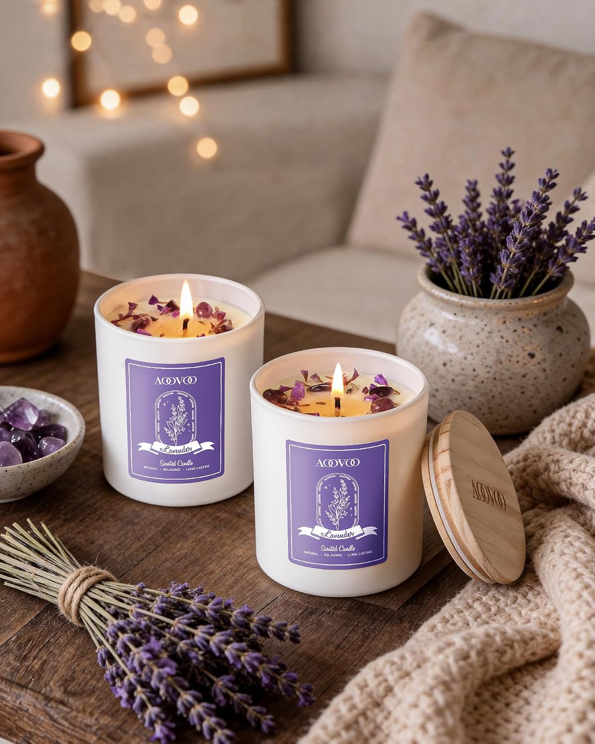 AOOVOO Lavender Scented Candles for Women - Aromatherapy Candle with Crystals Inside, 10oz Soy Candles for Home Scented, Birthday Gifts Mothers Day Candle for Women Mom
