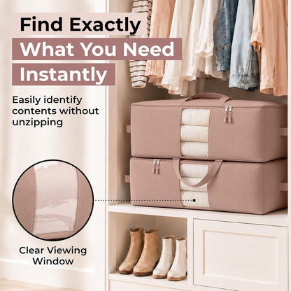 Soft Canvas Storage Bags with Zipper. Thick Breathable, 2pc King/Queen Comforter Organizer. Four Carrying Handles and Window. Large 25x19x9in Bag for Sheets Blankets Bedding Pillows, Clothes