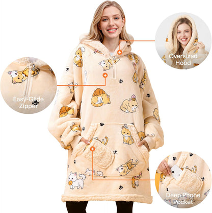 Giggling Getup Wearable Blanket Hoodie for Adults Gifts for Teen Girls Sister Women Sherpa Fleece Printed Hooded Blanket Sweatshirt Warm Cozy with Pocket & Sleeves Beige Cat