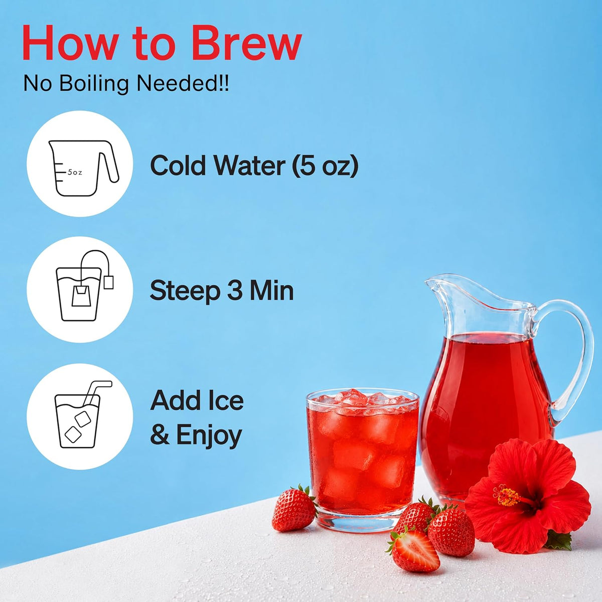 Damtuh Strawberry Hibiscus Cold Brew Tea Bags, Caffeine-Free, 20 Count