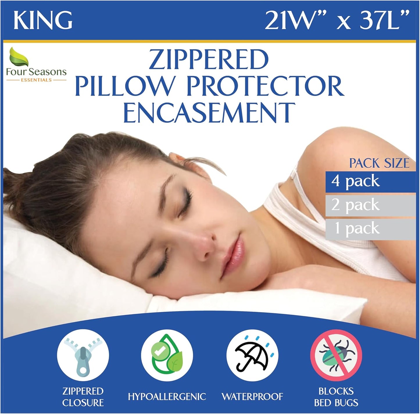 Standard Pillow Protectors (Set of 4) – Hypoallergenic Pillow Cover Waterproof Dust Allergen Proof Zippered Encasement