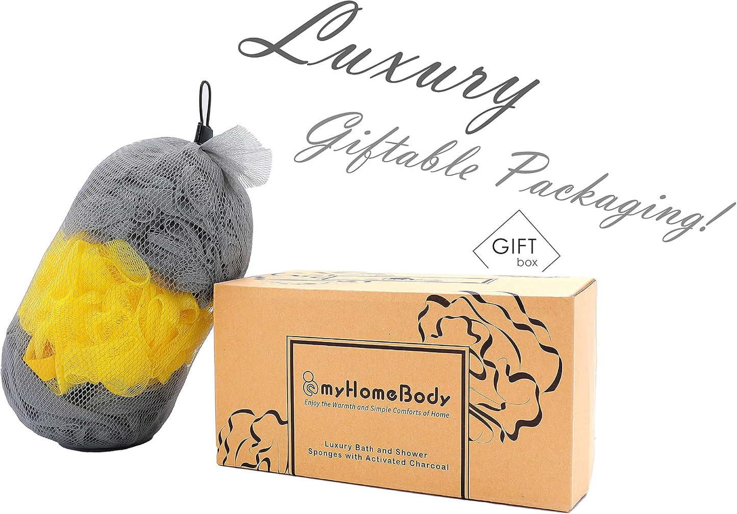 myHomeBody Large 70g Loofah Sponge, Bath Body Scrubber for Women, Men, Exfoliating Shower Pouf with Activated Charcoal - 2 Graphite Gray + 1 Sage Green, 3 Pack