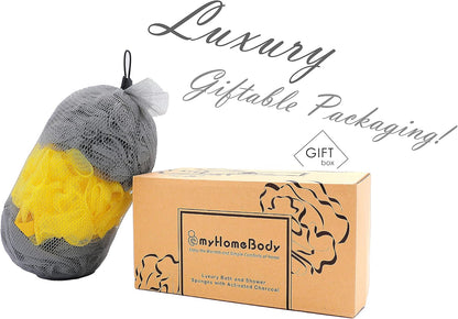 myHomeBody Large 70g Loofah Sponge, Bath Body Scrubber for Women, Men, Exfoliating Shower Pouf with Activated Charcoal - 2 Graphite Gray + 1 Sage Green, 3 Pack
