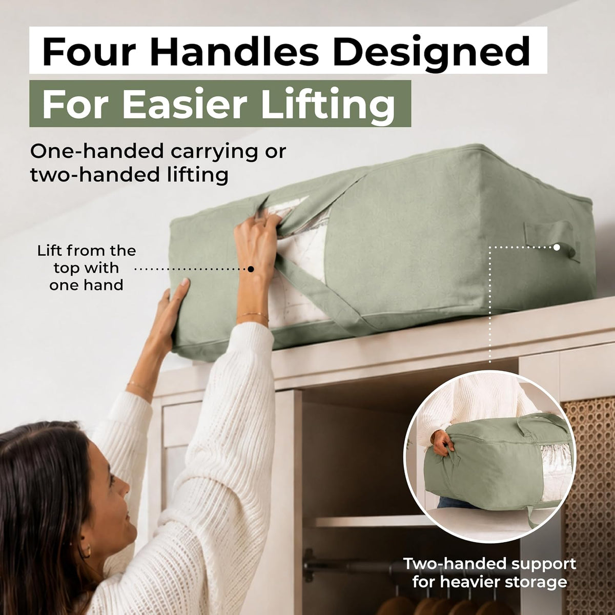 Soft Canvas Storage Bags with Zipper. Thick Breathable, 2pc King/Queen Comforter Organizer. Four Carrying Handles and Window. Large 25x19x9in Bag for Sheets Blankets Bedding Pillows, Clothes