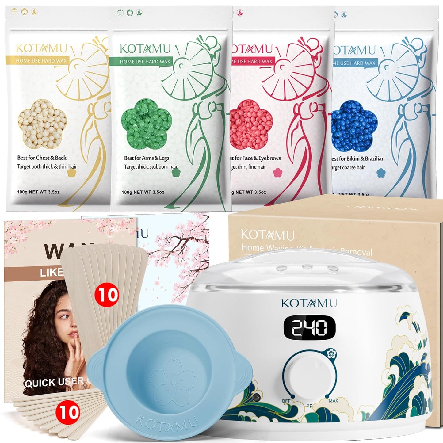 KOTAMU Waxing Kit for Women & Men, Pink Digital Wax Pot Warmer Hair Removal | Home Hard Wax Kit, Wax Machine, Face, Eyebrow, Bikini, Brazilian, Body, Sensitive Skin, 25 Accessories, Beginner-Friendly
