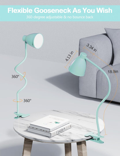 BOHON Desk Lamp with Clamp, Clip on Light, 5 Color 10 Brightness, Teal | 10W 38 LED Flexible Gooseneck Clip Lamp, Auto Off Timer, Desk Lights for Office Home Bed Bedside Reading, Adapter Include