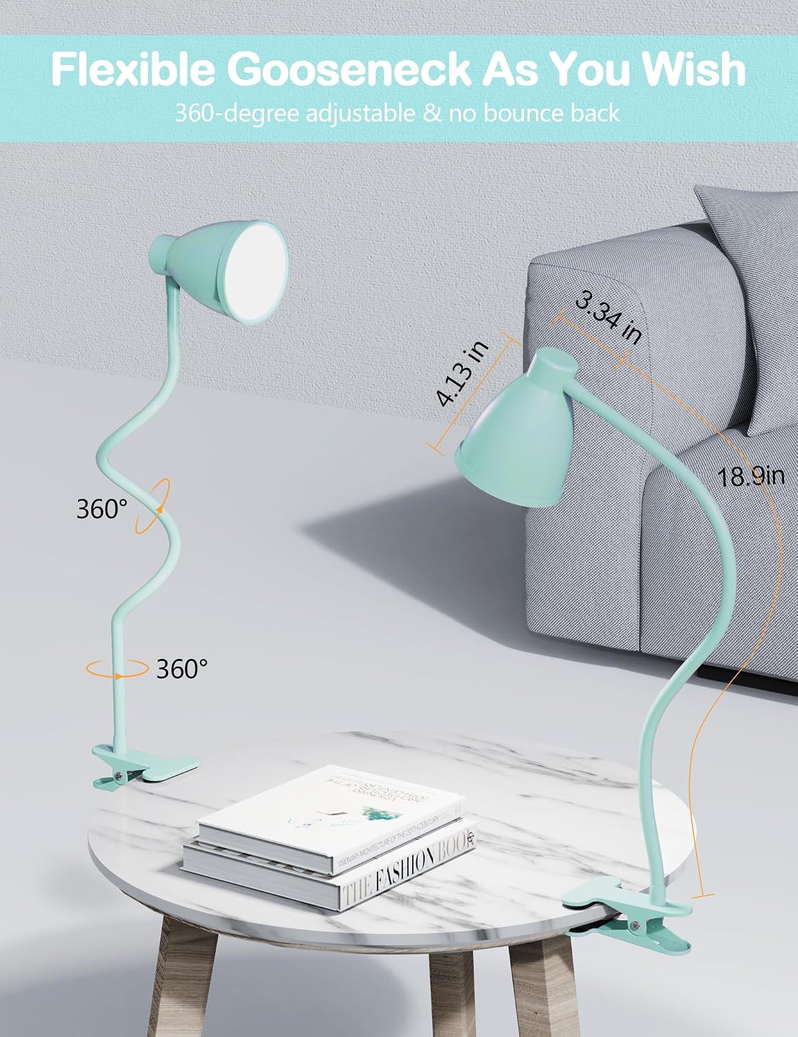 BOHON Desk Lamp with Clamp, Clip on Light, 5 Color 10 Brightness, Teal