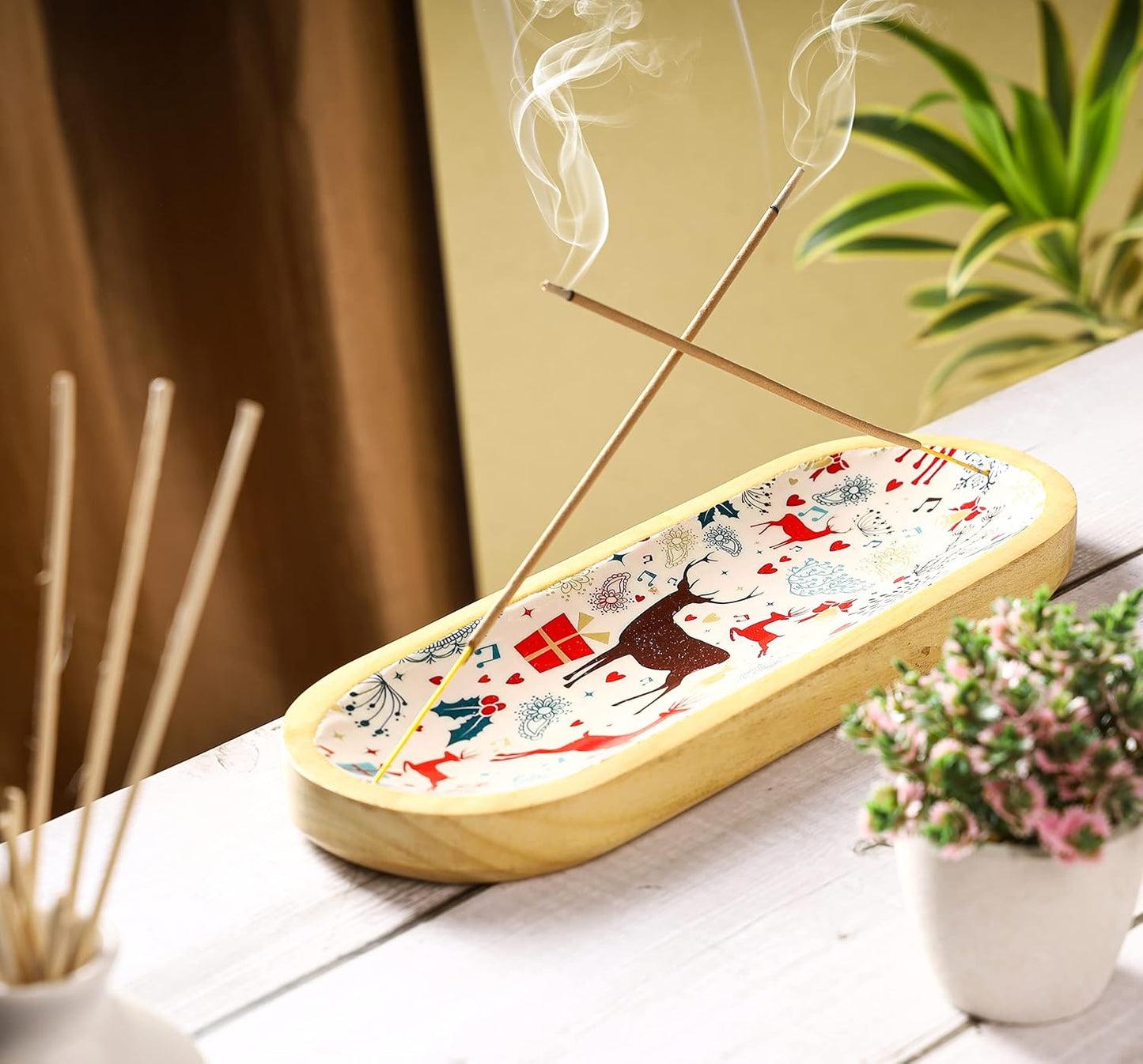 Bless-International Traditional-Handmade-Tray-Burner Wooden-Trat-Incense-Stick-Holder Ash-Catcher-Stand for-Aromatherapy-Meditation-Yoga (11x4x1.22 Inches)