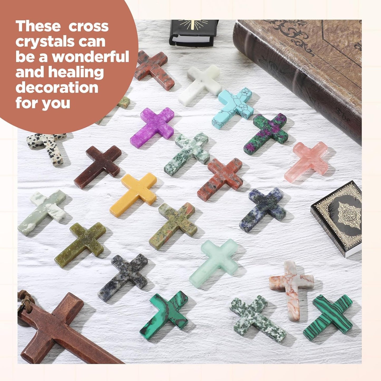 Nuenen 50 Pcs Cross Charm for Women Man Celebration Grad Decor Crystal Pocket Cross Necklace Natural Worry Stone Gift for Jewelry Making Craft Festival Decor(0.71 x 0.98 x 0.24 Inch,Fresh)