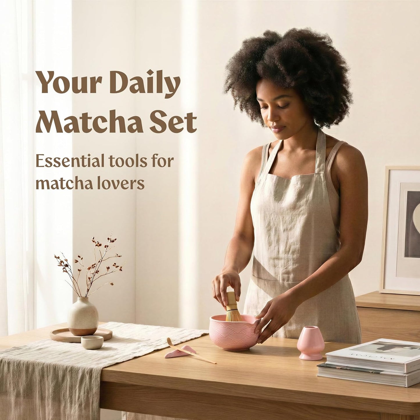 EDELHAUS Matcha Kit Whisk Set (7 Pcs) - Complete Matcha Set, Matcha Bowl with Spout, Whisk with Holder, Bamboo Scoop with Rest and Sifter, Perfect Kit for Matcha Lovers (Green Mist)
