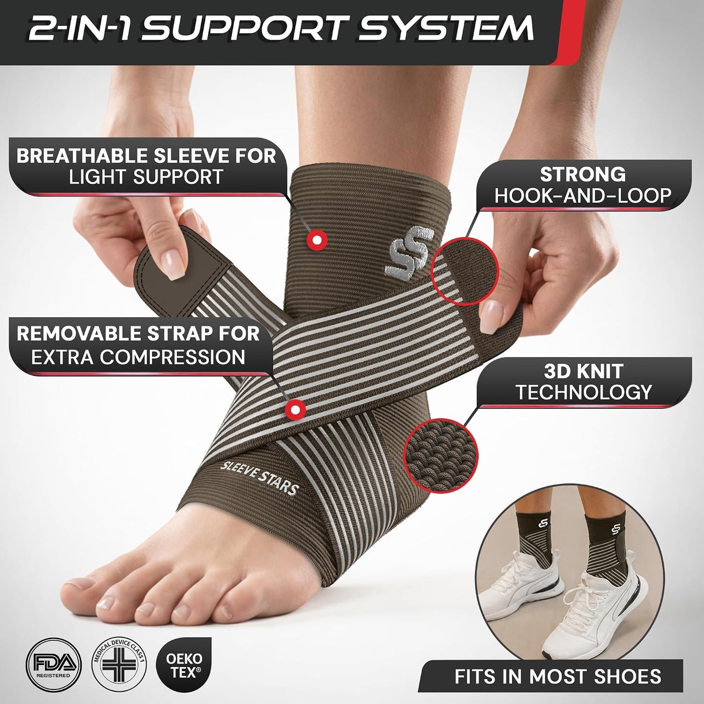 Sleeve Stars Ankle Brace for Women & Men, Ankle Wrap for Sprain, Compression Sleeve for Plantar Fasciitis Relief, Easy Customizable Support: w/ Removable Strap (Single/M:10"-12"/Black)
