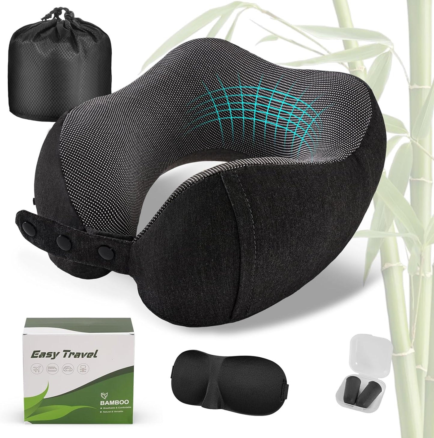 Cirorld Neck Pillow for Traveling, Travel Pillows for Airplanes,100% Pure Memory Foam Travel Neck Pillow, Adjustable Flight Pillow, Portable Plane Accessories with Eye Mask, Earplugs, Carry Bag
