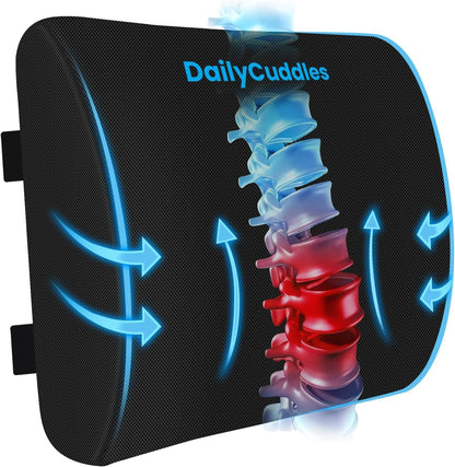 Lumbar Support Pillow for Office Chair Back Support - Memory Foam Lumbar Pillow for Car or Gaming Chair, Ergonomic Back Cushion with Adjustable Strap for Long-Hour Sitting (Black)