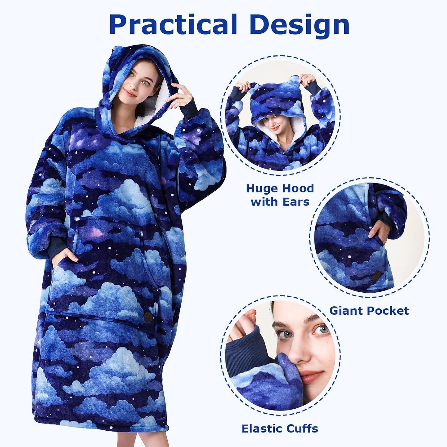 THREE POODLE Wearable Blanket Hoodie for Women, Oversized Sherpa Sweatshirt Blanket for Adults Men, Cozy Hooded Blankets, Gifts for Teen Girls Women Mom Sister