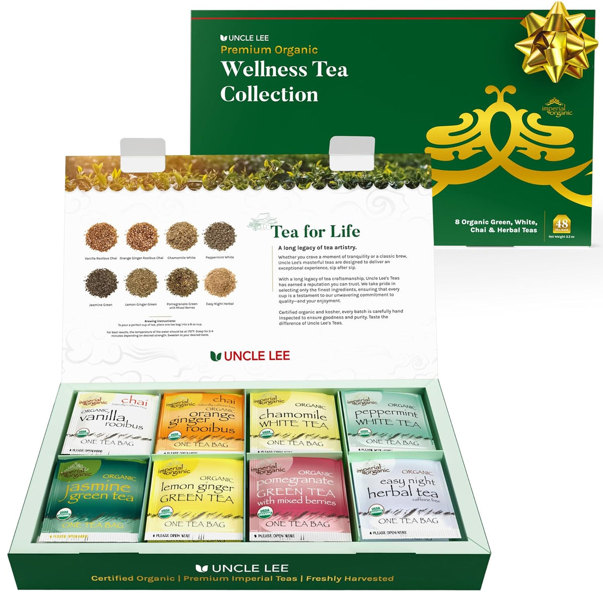 Uncle Lee's Organic Tea Variety Gift Set, 8 Blends, 48 Tea Bags