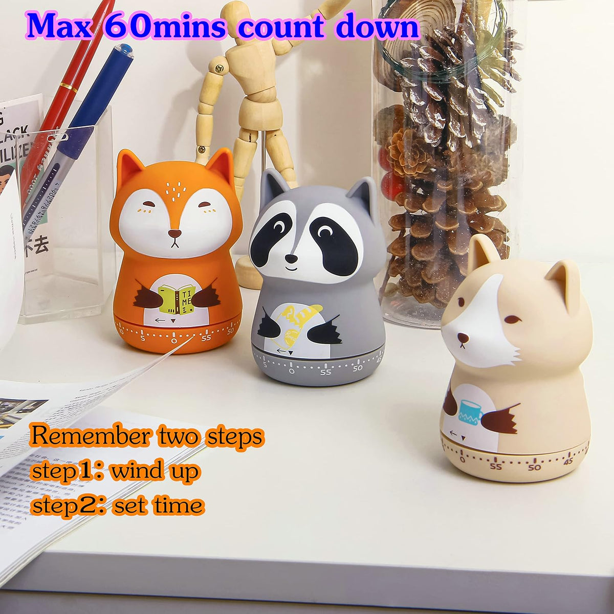 Mechanical Kitchen Timer, Cute Animal Wind Up 60 Minutes Manual Countdown for Kids, Classroom, Home, Study and Cooking (Orange Fox)