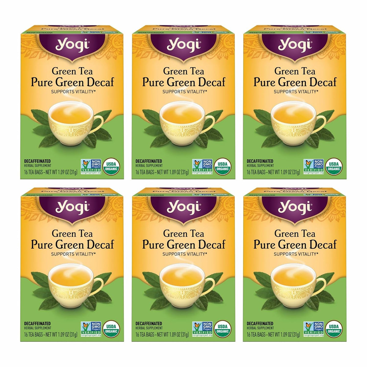 Yogi Green Tea Pure Green Decaf, 16 Tea Bags (6 Pack)