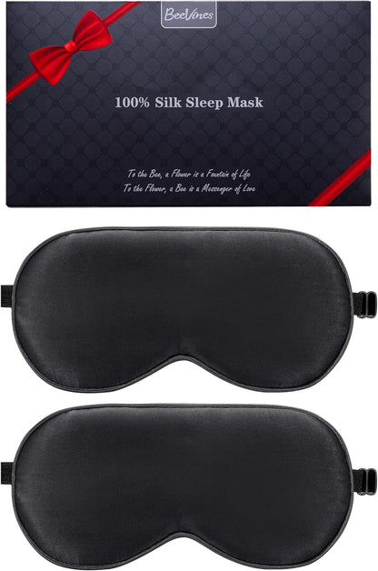 BeeVines 100% Real Mulberry Silk 2 Pack Sleep Mask, Natural Pure Silk Eye Masks with Adjustable Strap for Sleeping, Block Light Eye Sleep Shade Cover, Reduces Puffy Eyes Traveling Gifts
