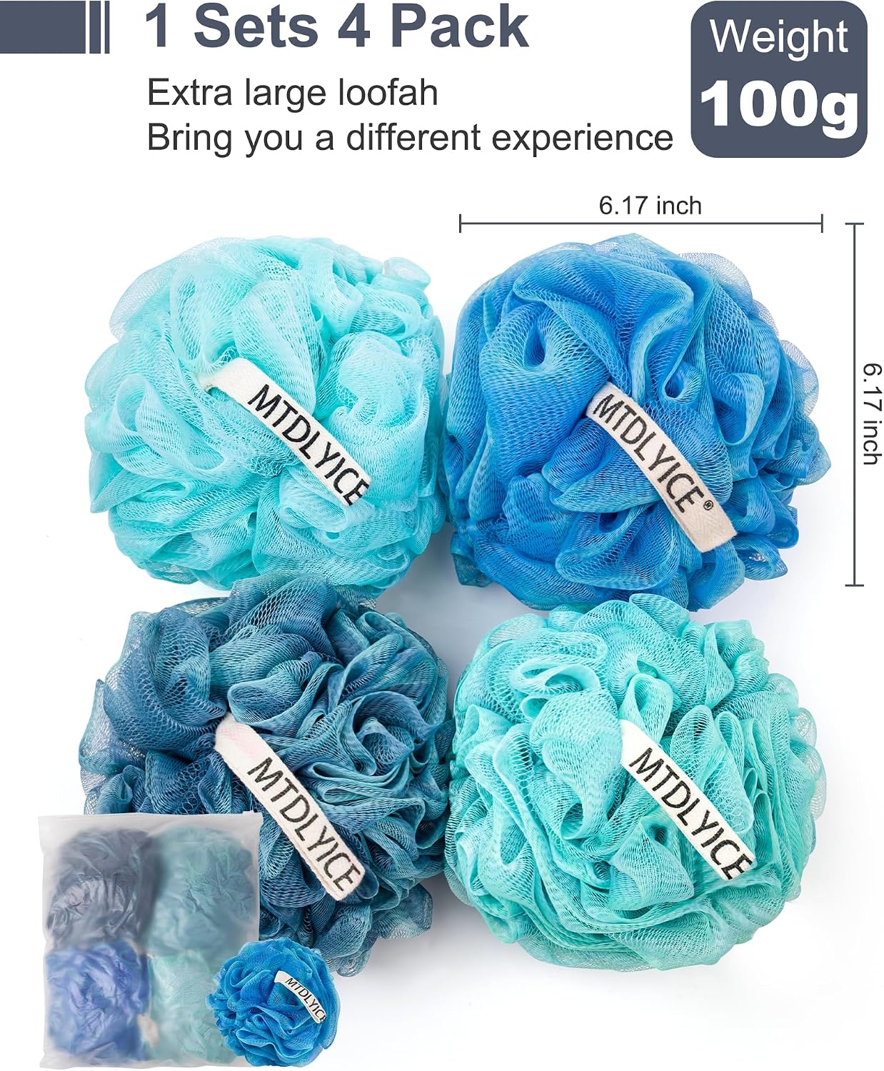 MTDLYICE Loofah Sponge, XXL Large Loofah 100g 4 Pack, Bath Sponge Soft Mesh Shower Loofah for Men, Body Scrub, Shower Pouf Bath Accessories, for Body Wash, Soap (Blue Gray)