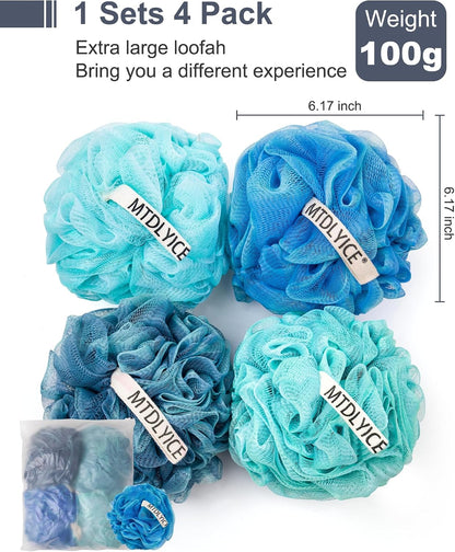 MTDLYICE Loofah Sponge, XXL Large Loofah 100g 4 Pack, Bath Sponge Soft Mesh Shower Loofah for Men, Body Scrub, Shower Pouf Bath Accessories, for Body Wash, Soap (Blue Gray)