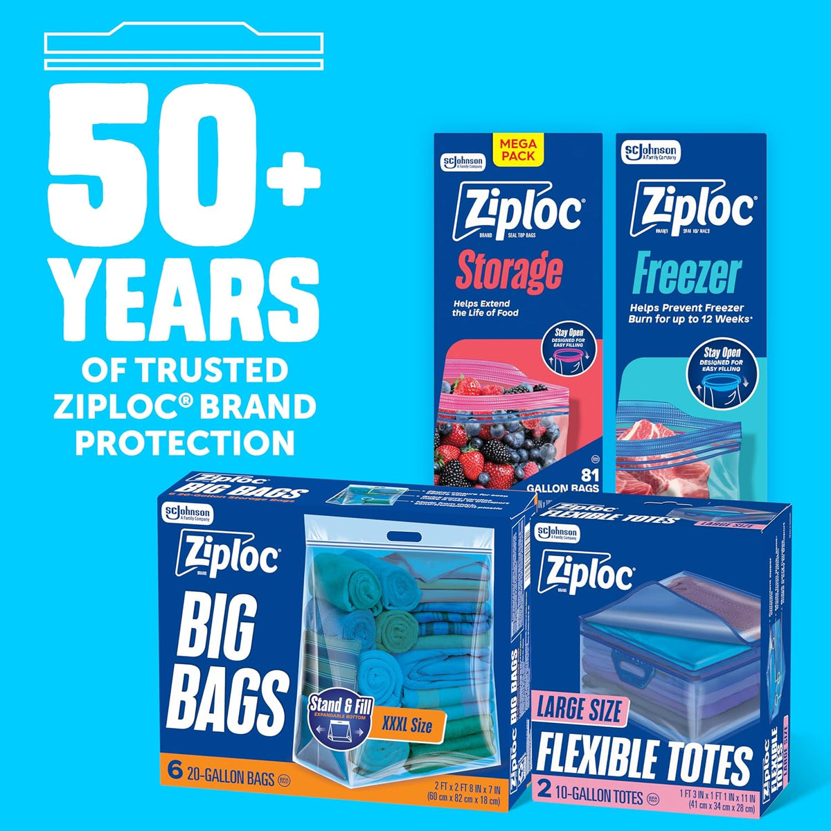 Ziploc Flexible Totes, 22 Gallon X-Large Storage Bags with Zipper, 2 Count