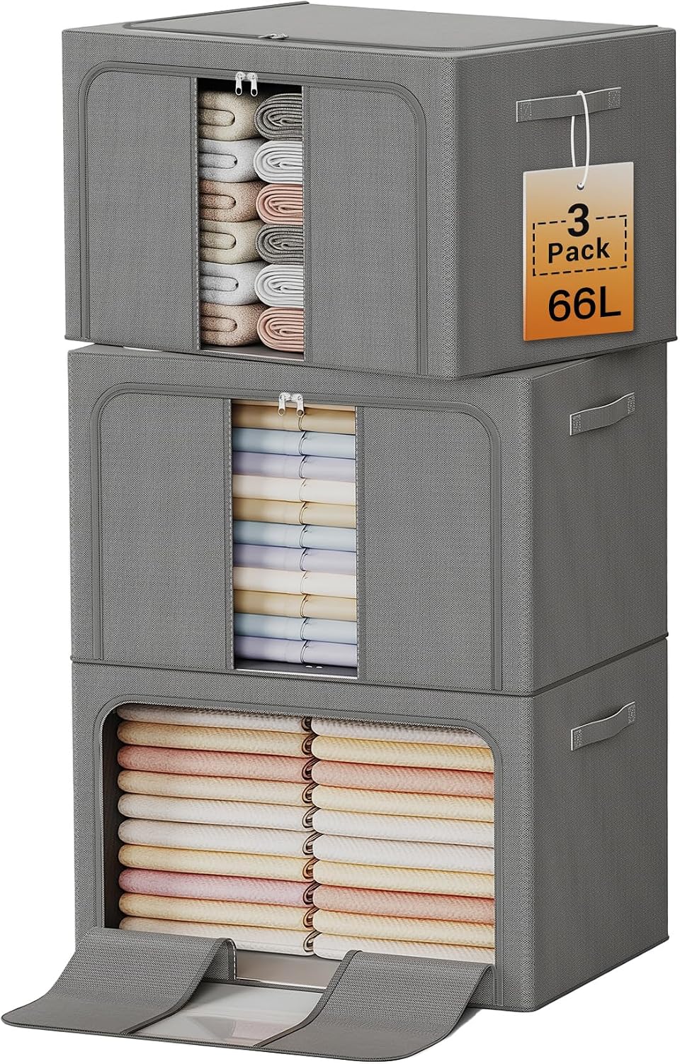 Clothes Storage Bins with Metal Frame Foldable Storage Box Clothes Organizers Storage Containers for Clothes Sheets Blankets Books Toys Gifts and Holiday Decorations (66Lx3 Pack)