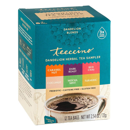 Teeccino Dandelion Tea Sampler - 12 Tea Bags - Caramel Nut, Coconut, Dark Roast, Mocha Mint, Red Chai, Turmeric - Caffeine-Free, Roasted Herbal Tea with Prebiotics, Gluten-Free